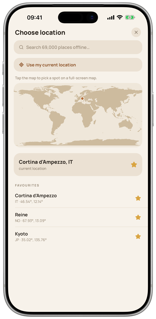 Location picker with favourites and offline search
